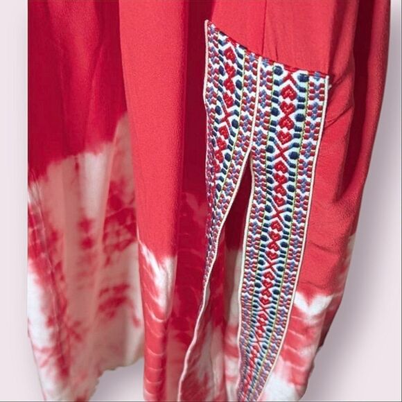 Gypsy O5 Strapless Red Silk Tie Dye Embroidered Elastic Tie Waist Maxi Dress L - Picture 11 of 15